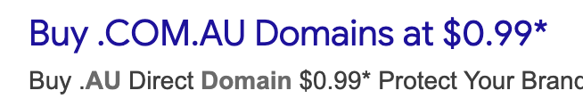 Crazy Domains search result reading: Buy .COM.AU Domains at $0.99* &mdash; with an asterisk hiding the renewal price.